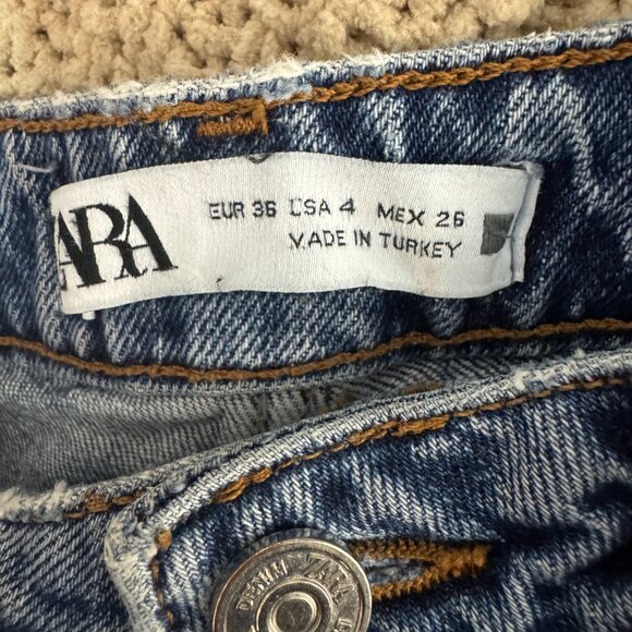 Zara Split Hem High Waist Straight Leg Jeans Dark Wash Raw Edge Size 26 - Picture 7 of 8